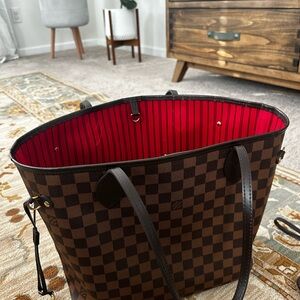 Louis Vuitton Brown Checkered Tote with Red Interior